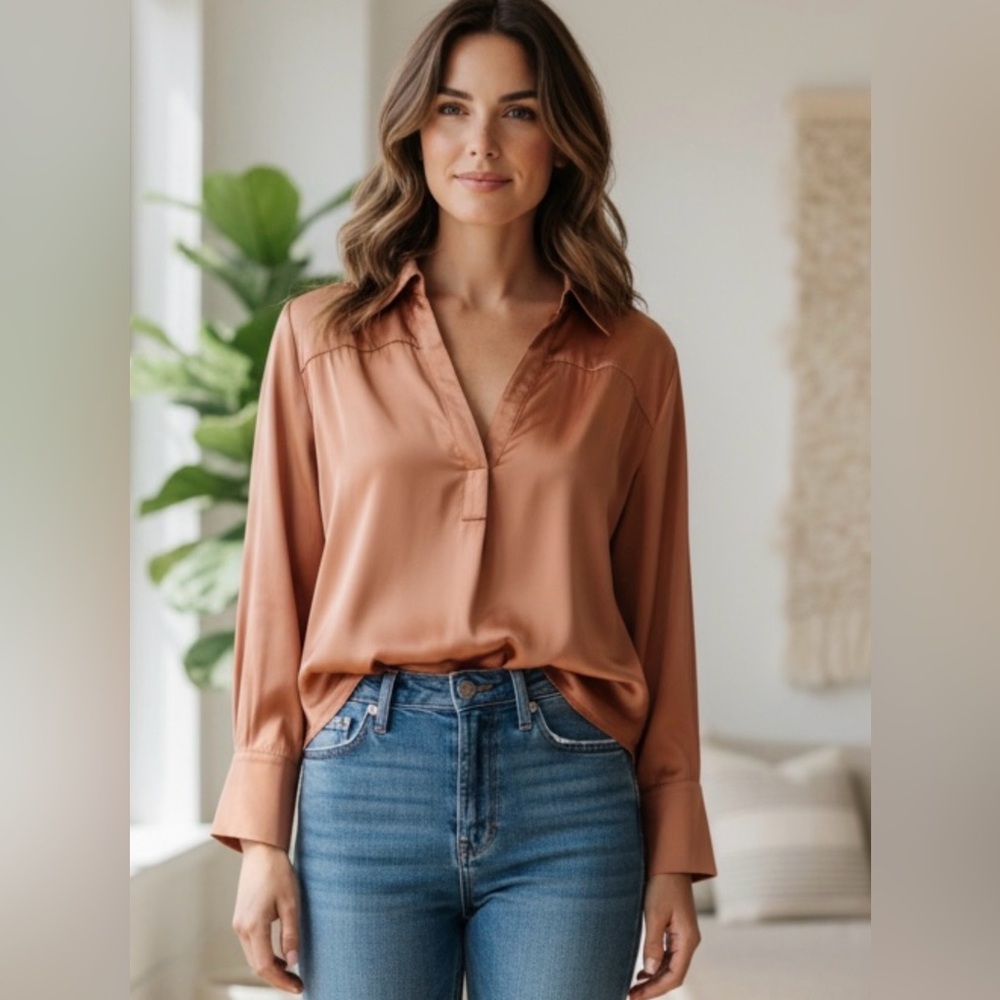 Maeve Anthropologie Copper Satin Blouse Women’s Large 100% Viscose Boho Chic - Picture 1 of 11